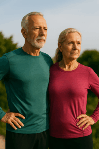 Ein vitales Paar mittleren bis höheren Alters steht selbstbewusst im Freien. Beide tragen sportliche Kleidung – der Mann ein petrolfarbenes Langarmshirt, die Frau ein bordeauxfarbenes. Sie blicken ruhig und fokussiert in die Ferne, das warme Sonnenlicht betont ihre gesunde, aktive Ausstrahlung. Im Hintergrund erkennt man weiches Grün und blauen Himmel – Symbol für Naturverbundenheit, Gesundheit und innere Balance. Das Bild vermittelt Stärke, Gelassenheit und Langlebigkeit – ideal für Themen wie Biohacking, Longevity oder gesundes Altern.