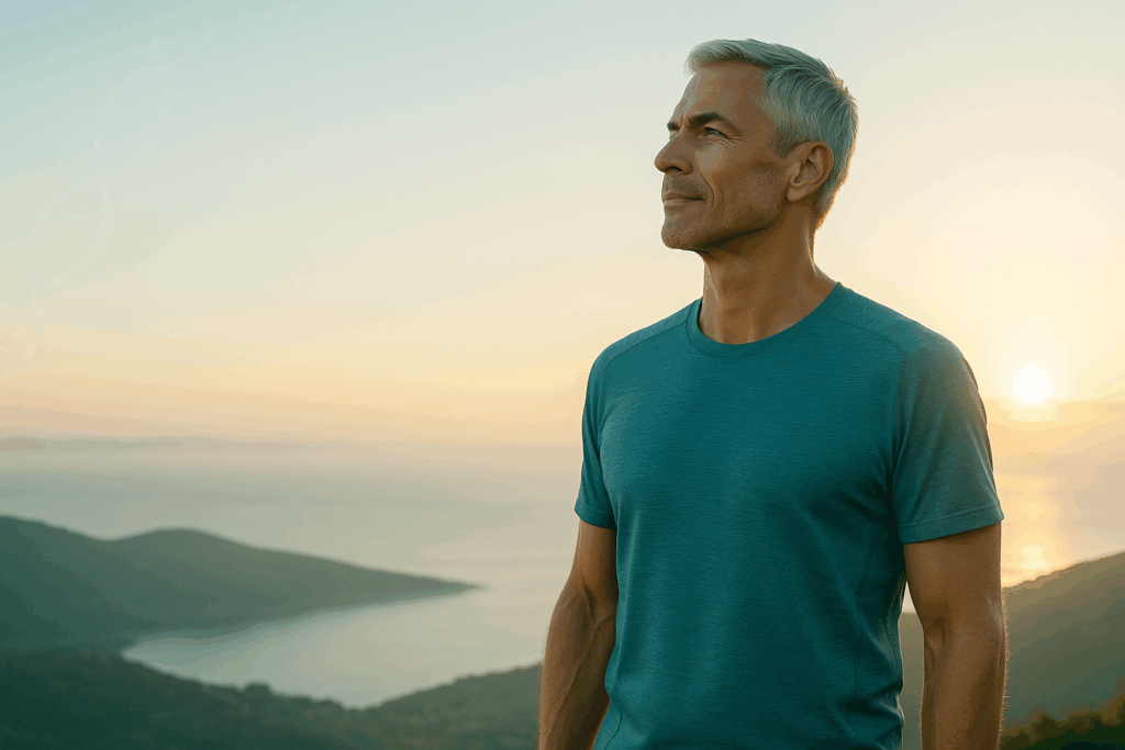 Ein sportlicher Mann (50+) steht bei Sonnenaufgang auf einem Berggipfel oder an einem Seeufer, atmet tief durch, mit ruhigem, zufriedenen Gesichtsausdruck.