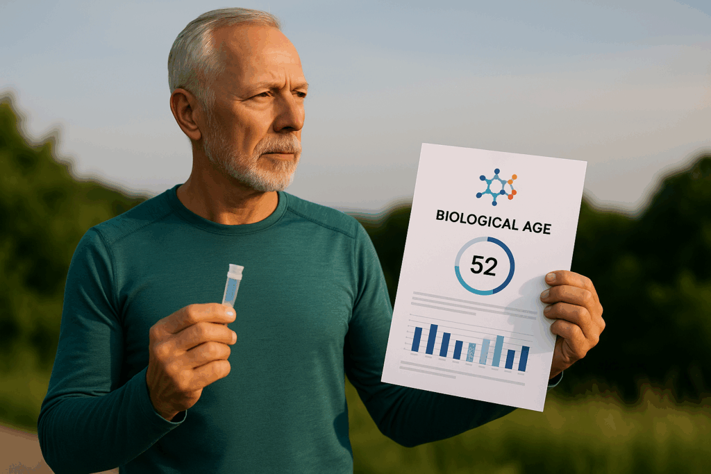 Ein sportlicher Mann mittleren Alters steht im Freien und hält ein Blatt mit der Aufschrift „Biological Age“ bzw. Biologisches Alter sowie ein Teströhrchen in der Hand. Er blickt nachdenklich in die Ferne, das warme Sonnenlicht betont seine vitale Ausstrahlung. Im Hintergrund sind Bäume und ein klarer Himmel zu sehen – Symbol für Natur, Gesundheit und Langlebigkeit. Das Bild vermittelt Selbstverantwortung, moderne Diagnostik und den Wunsch, den eigenen Alterungsprozess bewusst zu verstehen und zu optimieren.
